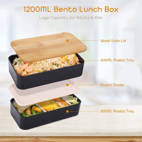 Bento Lunchbox voor volwassenen, 1200 ml, Japanse Bento Box, 2-traps broodtrommel met bestek en tas, lunchbox voor volwassenen en kinderen, voor werk en school (zwart)