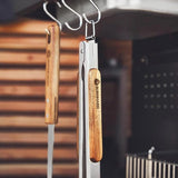 lange roestvrijstalen barbecuetang (45 cm), acaciahouten handvat, barbecueaccessoires, ophangogen, gratis recept (PDF).