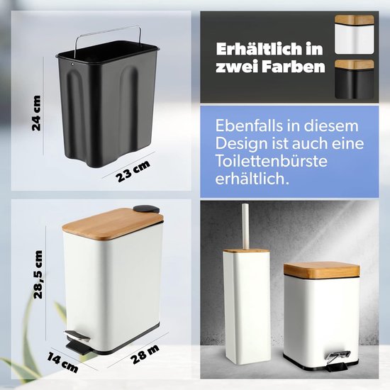 Afvalbak van gepoedercoat staal, 5 liter - emmer met bak en voetpedaal, afvalemmer met automatische sluiting, vuilnisemmer met bamboedeksel - Wit, 5L