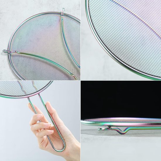 Rainbow spatscherm voor koken 9,8'', roestvrijstalen vetspatscherm voor koekenpan, fijnmazige spatscherm met voeten, comforthandvat, veilig kookdeksel, houdt de keuken schoon