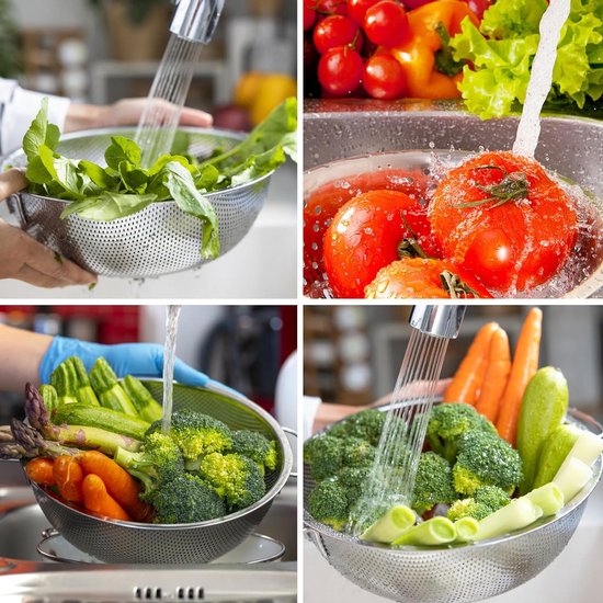 Keukenzeef, set van 3, roestvrijstalen pastazeef, microgeperforeerde keukenzeef, metalen zeef, roestvrijstalen vergiet voor pasta, fruit, rijst, groenten - 16/22/28 cm