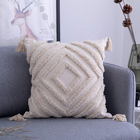 Decoratieve kussenhoes met franjes, boho, super zachte kussenhoezen, kwastjes voor bank, slaapkamer, woonkamer, 45 x 45 cm, beige