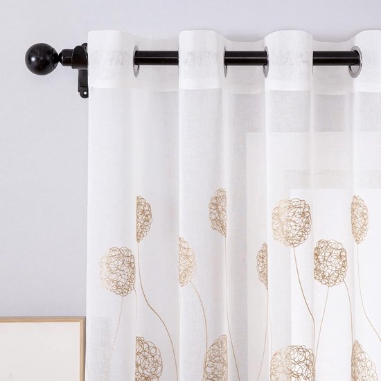 Pure voile bloemenborduurgordijnen met oogjes, transparant gordijn, 2 stuks, ooggordijn, gaas, paar sjaals, raamgordijn voor woonkamer, slaapkamer, set van 2