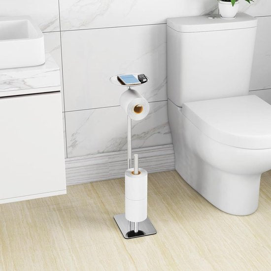 Freestanding Toilet Paper Holder with Reserve, 304 Stainless Steel Toilet Paper Dispenser Paper Roll Storage Rack for 4 Large Rolls, with Base Waterproof, Rustproof Modern Matt (Silver)