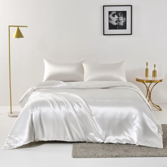 2-delig wit zijden satijnen beddengoedset | dekbedovertrek 155 x 220 cm met kussensloop 80 x 80 cm | antraciet | 2-delig bedgarnituur | katoenen dekbedovertrek met ritssluiting