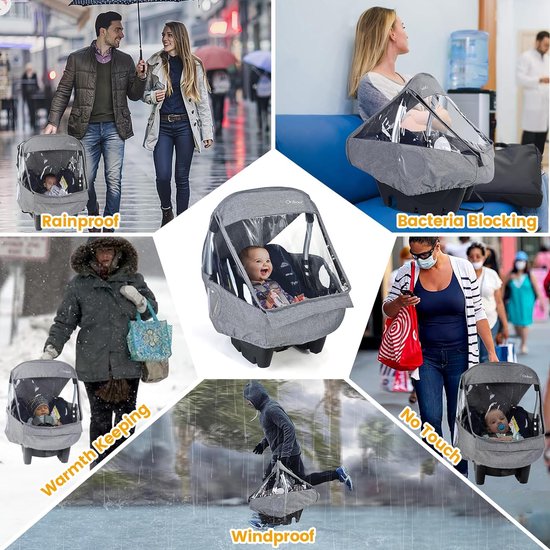Universele regenhoes voor babyzitje (bijv. Maxi-Cosi/Cybex/Römer), afdekbare draagopening en luchtgaten, contactvenster, met zak, noodzakelijke bescherming voor baby's of huisdieren (lichtgrijs)