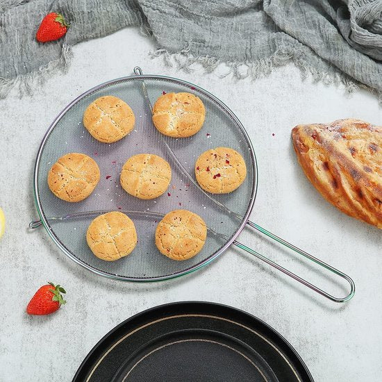 Rainbow spatscherm voor koken 9,8'', roestvrijstalen vetspatscherm voor koekenpan, fijnmazige spatscherm met voeten, comforthandvat, veilig kookdeksel, houdt de keuken schoon
