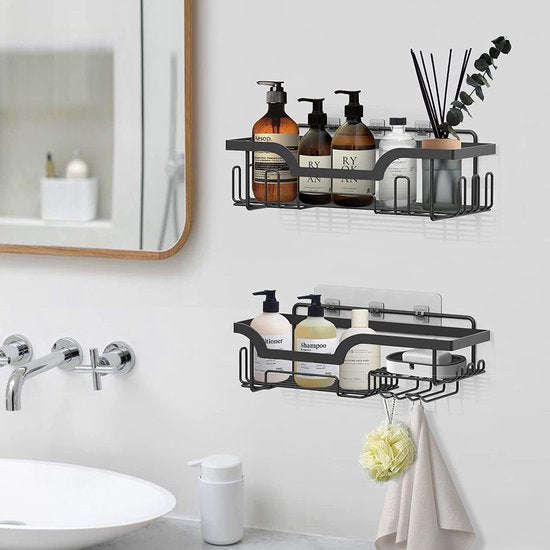 2 stuks doucheplank gezoneerd boren, wandmontage badkamer doucheand met haken, roestvrij staal doucheplank voor shampoo en douchegel, Zwart