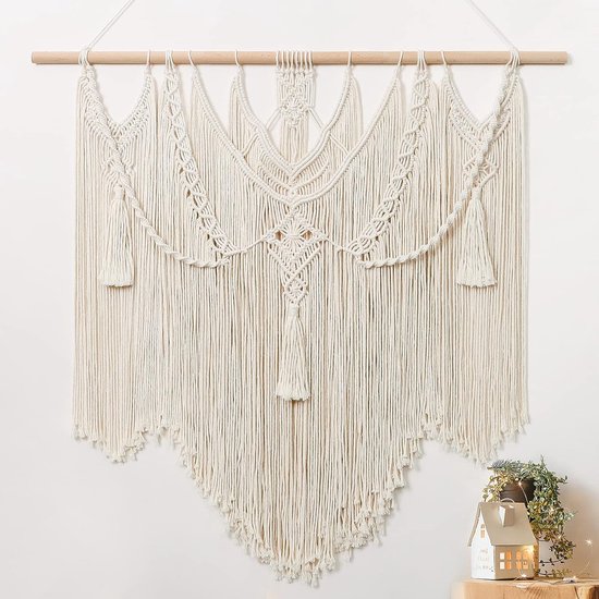 Macramé wandtapijt, boho-decoratie, groot handgeweven tapijt, slaapkamer, wanddecoratie, woonkamer, balkondecoratie, 90 x 90 cm (beige)