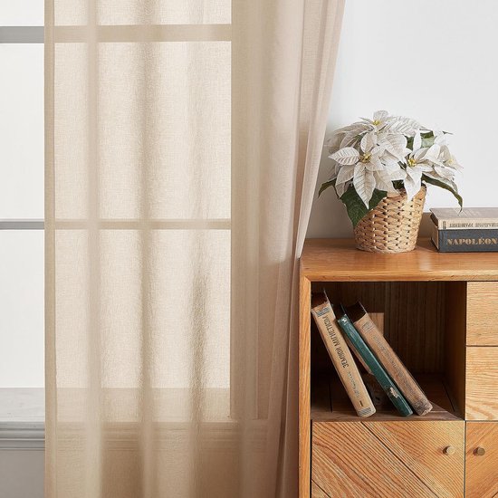 Glasgordijn, polyester voilegordijn met ingestanste ringen, transparante vitrage, luchtig, decoratief, voor slaapkamer en woonkamer, set van 2 gordijnen, 140 X 245 cm (b x h), beige