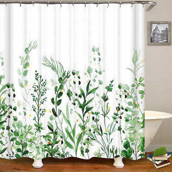 Douchegordijn, 180 x 200 cm, schimmelwerende tekst, bloemen, waterdicht, dubbele zoom, wasbaar polyester stof, badgordijn voor badkamer en badkuip met 12 haken