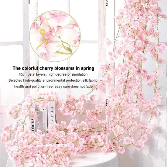 Bloemenslinger, 2 stuks, namaakkersenbloesem, bloemen, zijde, kersenbloesem, sakura, kersenbloesem, hangende wijnslinger, voor decoratie, Kerstmis, bruiloft, tuinfeest, roze