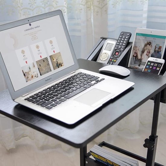 hoogte verstelbare C-vormige bijzettafel met wieltjes, veelzijdige salontafel, verzorgingstafel laptoptafel met opslag, mobiel nachtkastje voor slaapkamer, houten plaat, zwart