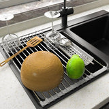 Roestvrij stalen afdruiprek, afdruiprek, afdruiprek, oprolbaar afdruiprek, inklapbaar en afneembaar, voor keuken, spoelbakken, fruit, groenten (43 x 40 cm)