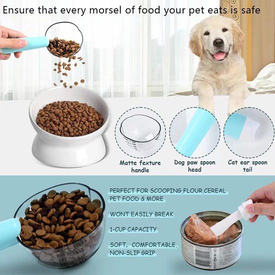 Hondenvoer-maatlepel, 1-delige huisdiervoerlepel, met schaal 250 ml, kattennatvoerlepel, nauwkeurige meting, gebruikt voor honden, katten, rijst, meel, sojabonen en andere granen (blauw)