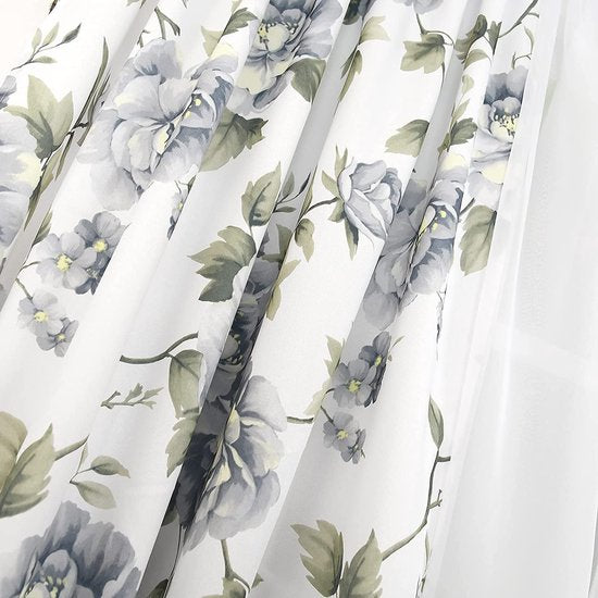 Gordijnset met trekkoord, 400 x 160 cm, voile, woonkamer, slaapkamer, kinderkamer, decoratieve raamgordijnen, set met gordijnen, vitrage, plooiband, lichtgrijs bloemen