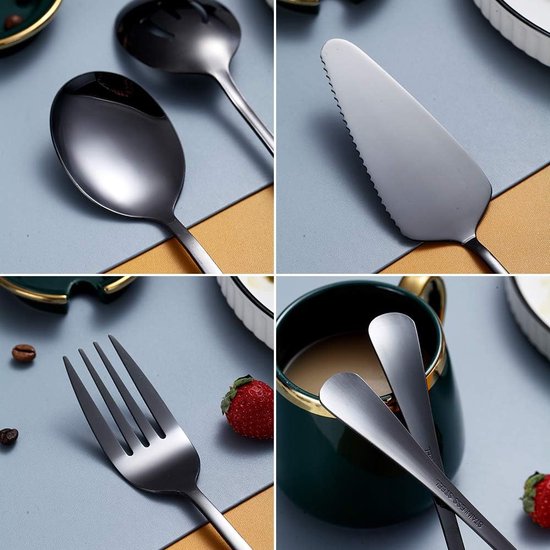 Zwarte 10-delige serveerbestekset, roestvrijstalen serveerset met gleufschep, opscheplepel, taartschep, serveervork, soeplepel