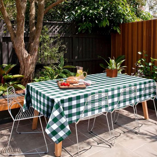 Geruit vierkant tafelkleed van polyester, vuilafstotend, waterafstotend en kreukvrij, wasbaar, tafelkleed voor eetkamer, feest, tuin, 130 x 220 cm, groen en wit