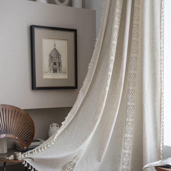 Vintage landhuisstijl, haakwerk, boho, Boheemse gordijnen, uitgehold, kwastje, 1 stuk, gordijnen, outdoor, linnen, katoen, gordijnen voor woonkamer, slaapkamer, 150 x 160 cm, beige
