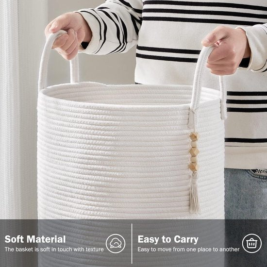 Gevlochten wasmand, speelgoedopberger, opbergmand met handvat, handgemaakt katoen (puur wit, 38 cm (D) x 50 cm (H))