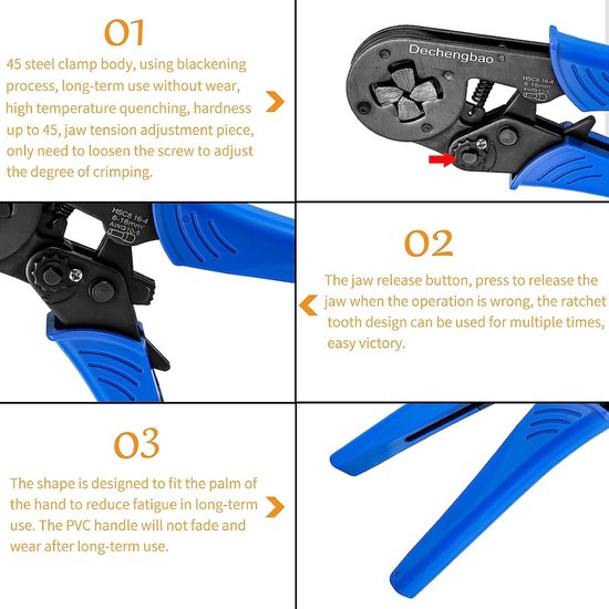 Dechengbao 16-4 draadkrimptang met vierkante bek AWG 30-5 (0,08-16 mm²) hulskrimptang, ratelkrimptang