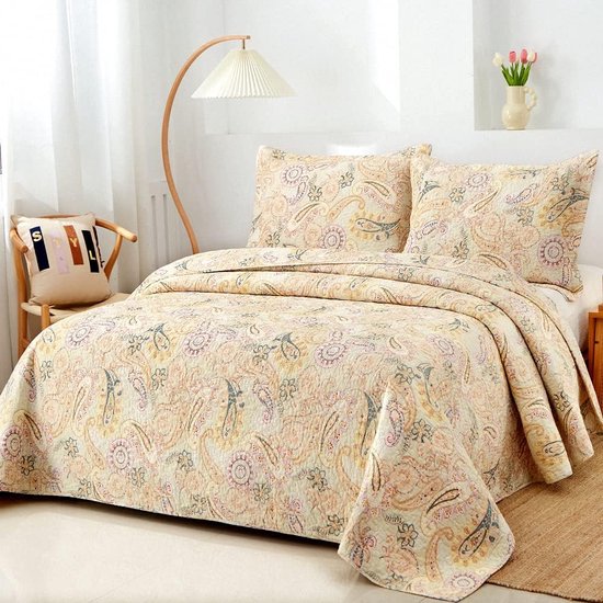 sprei van katoen 220x240cm, sprei 230x250 voor tweepersoonsbed met geel paisley bloemenpatroon, all-season deken, banksprei, gewatteerde deken met 2 kussenslopen