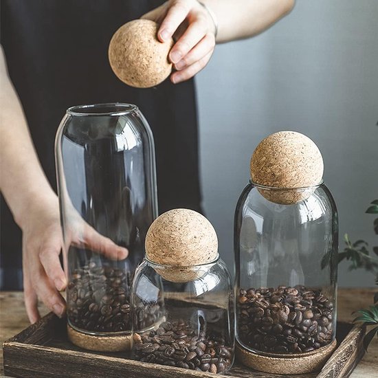 3 stuks glazen voedselvoorraadpotten, luchtdicht glazen potje, glas voor snoep, met kurkogel, voorraadpot voor specerijen, suiker, koffie, koekjes, 500 ml/800 ml/1200 ml