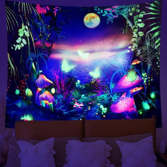 Blacklight Mushroom wandtapijt, melkweg, maan, wandtapijt, uv-reactieve poster, plant, landschap, wandtapijt, vlinder, esthetisch wandkleed voor slaapkamer, woondecoratie