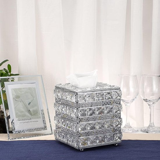 Kristal Zilver Cosmetische Tissue Box Gemaakt van Glas Metaal Tissue Box Tissue Dispenser Tissue Box Decoratie voor Woonkamer Eetkamer Hotel Restaurant Kantoor Vierkant