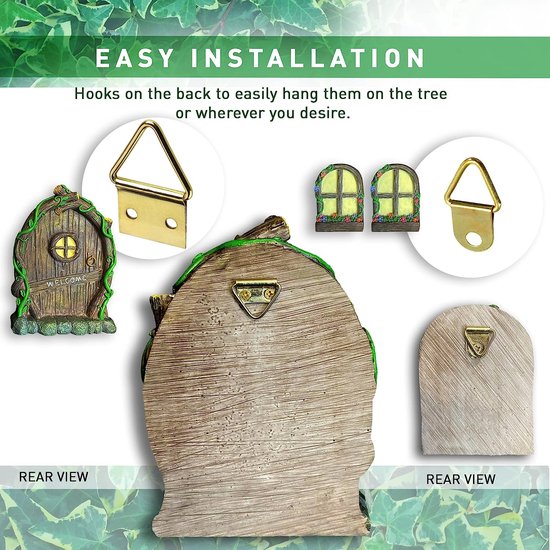 Tuinfiguur feeëndeur decoratie | 4 kabouterdeuren tuindecoratie figuren outdoor glow in the dark house decoratieve set miniatuur tuinaccessoires: Fairy deur GNOME home deur raam lamp tuinieren cadeau