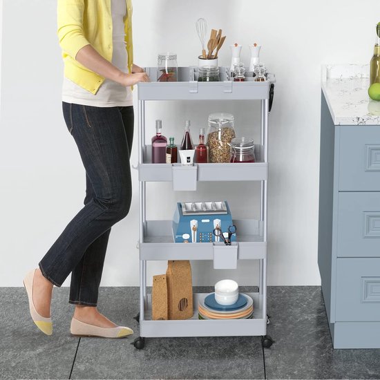 4-laags opbergwagen Trolley zonder plank op wielen voor wasbadkamer met 6 haken en 2 containers grijs