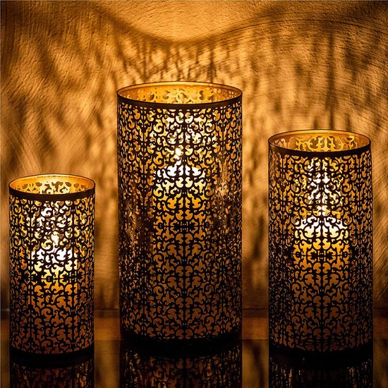 ZEYA XL lantaarn zwart goud metaal, 30 + 25 + 20 cm, set van 3, oosterse lantaarns, lantaarn ornament als aantrekkelijke decoratie woonkamer grote kandelaar, uniek cadeau voor Kerstmis