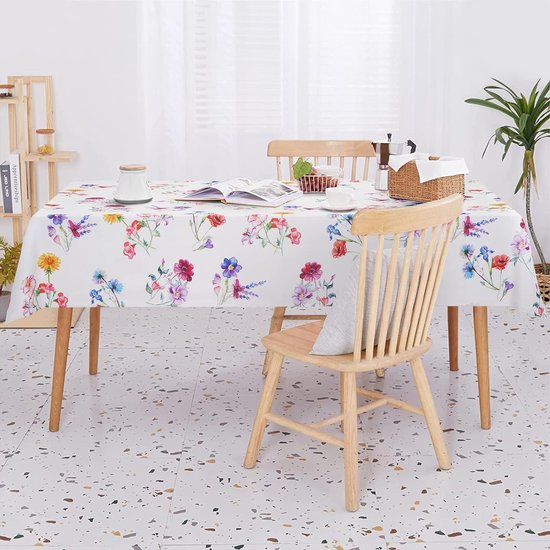 Watercolour Flowers Tablecloth Spring Summer Garden Tablecloth Outdoor Washable Machine Washable Tablecloth for Garden, Picnic, Party, Garden, Living Room, Home Textiles 130 x 220 cm