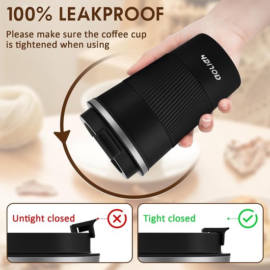 Thermobeker, koffiebeker met lekvrij deksel, thermobeker, isolatiebeker, roestvrij staal, reismok, koffiemok om mee te nemen, voor warm en koud water, koffie en thee, 380 ml, zwart