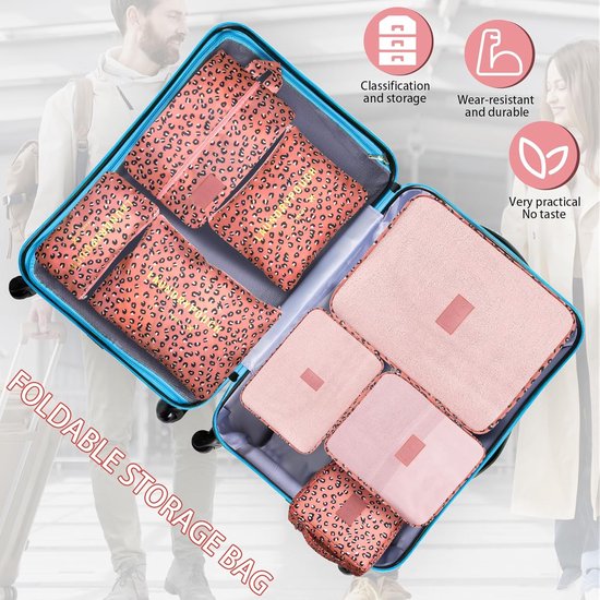 Packing Cubes Kofferorganizer, 8 stuks, kofferorganizer, pakzakken, pakzakken met schoenenzak, waszak, reisorganizer, kledingtassen voor rugzak (roze panter)