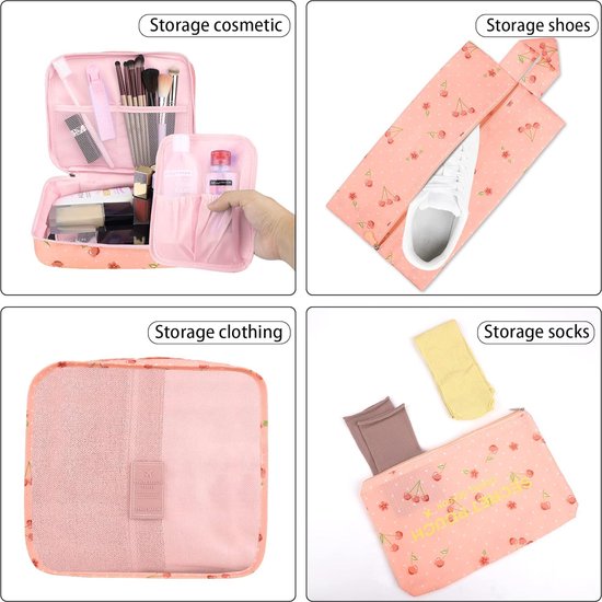 Packing Cubes Kofferorganizer, 8 stuks, kofferorganizer, pakzakken, pakzakken met schoenenzak, waszak, reisorganizer, kledingtassen voor rugzak (roze)