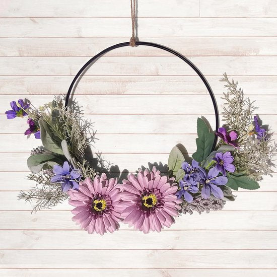 Deurkrans, krans, decoratie, kunstbloemen, gerbera, krans, slinger, welkom, slinger, lente, wandkrans, metalen decoratie, ringen, lentedecoratie voor Pasen, bruiloft, woonkamer, bruiloft