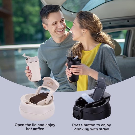 Thermische mok, koffiemok voor onderweg, 400 ml, set van 2, roestvrij staal, lekvrije reismok met rietje, dubbelwandige geïsoleerde mok voor koffie, thee, glühwein, warm en koud, zwart en wit