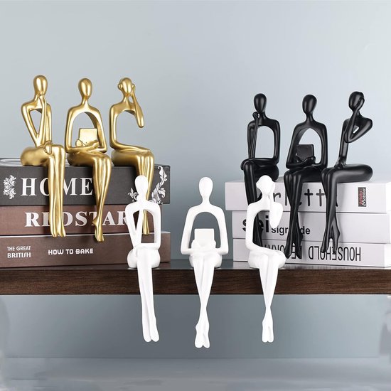 Hars denker stijl goud decor zittende denker standbeeld abstracte sculptuur, boekenplank decor accenten hars verzamelfiguren voor thuiskantoor woonkamer tafel desktop decor (zwart)