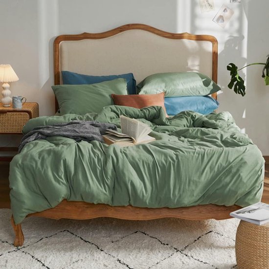 Beddengoedset, 135 x 200 cm, katoen, groen, donkergroen, eenkleurig, premium renforcé, eenpersoonsbed, dekbedovertrek en 1 kussensloop 80 x 80 cm, met ritssluiting