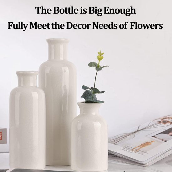 Keramische vaas 3-delige set boerderijdecor Witte keramische kleine vaas voor boerderijdecoratie, woonkamerdecoratie, tafeldecoratie, open haard en entreedecoratie