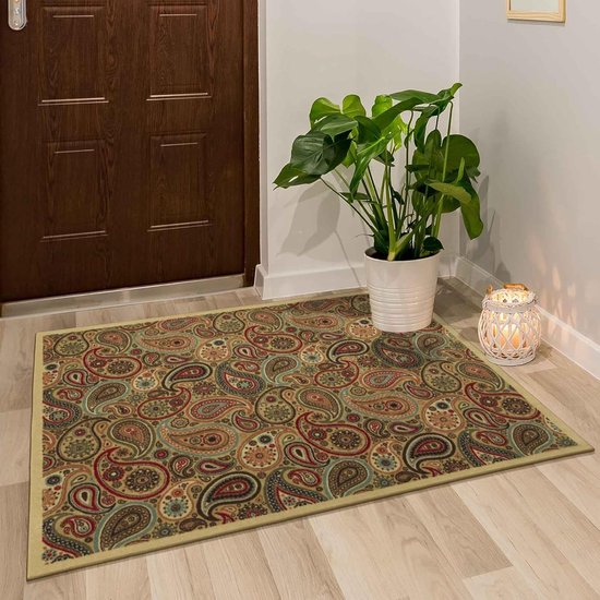 Modern ontwerp vloerkleed met rubberen achterkant 100 x 150 cm beige.