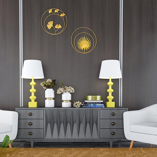 Goud Wanddecoratie Metaal 3D Wandsculpturen 3 Pack met 5 Fotohaken, Ginkgo Bladkunst Hangend Ornament, Ronde Wanddecoratie Woonkamer Slaapkamer Achtergrond Wanddecoratie Moederdag Cadeau