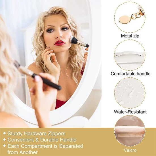 Make-up tasjes voor dames, grote capaciteit, rijstcosmetica, draagbare lederen rijsttassen, make-up tasjes, waterdichte make-up tasjes met scheidingswand, wit