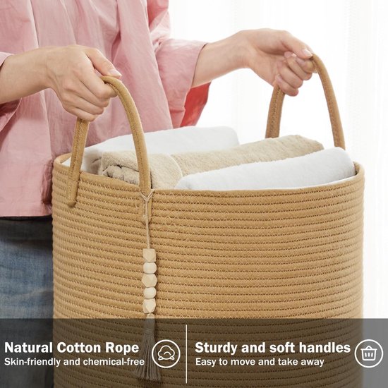 Gevlochten wasmand, speelgoedopberger, opbergmand met handvat, handgemaakt katoen (puur bruin, 38 cm (D) x 50 cm (H))