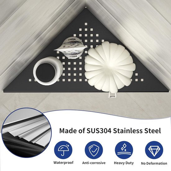 Hoekplank, doucheplank, 304 roestvrij staal, zonder boren, voor badkamer, shampoohouder, organizer, vierkant gat 253 x 253 x 355 mm, zwart, 2 stuks