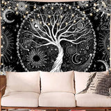 Levensboom wandtapijt zwart-wit-zon-maan-wandtapijt Galaxy Space wandtapijt zwart esthetisch wandtapijt voor slaapkamer L / 150 cm x 200 cm