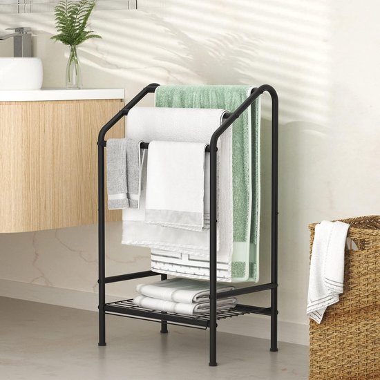 3-Tier Towel Rack Stand with Storage Platform, Free Standing Metal Towel Drying Rack, Washcloth Holder, Bathroom Storage Organiser