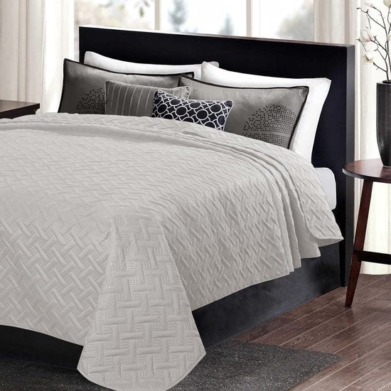 Sprei, bedsprei met geometrisch patroon, slaapkamer woondeken, zacht en huidvriendelijk, dekbed van microvezel met ultrasoon genaaid, gewatteerde deken voor bed, 170 x 210 cm, lichtgrijs