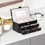 Sieradendoos, 27 x 16 x 12 cm, sieradendoos met 2 laden, sieradenorganizer met spiegel, PU-lederen sieradenopslag, voor ringen, armbanden, oorbellen, fluwelen voering